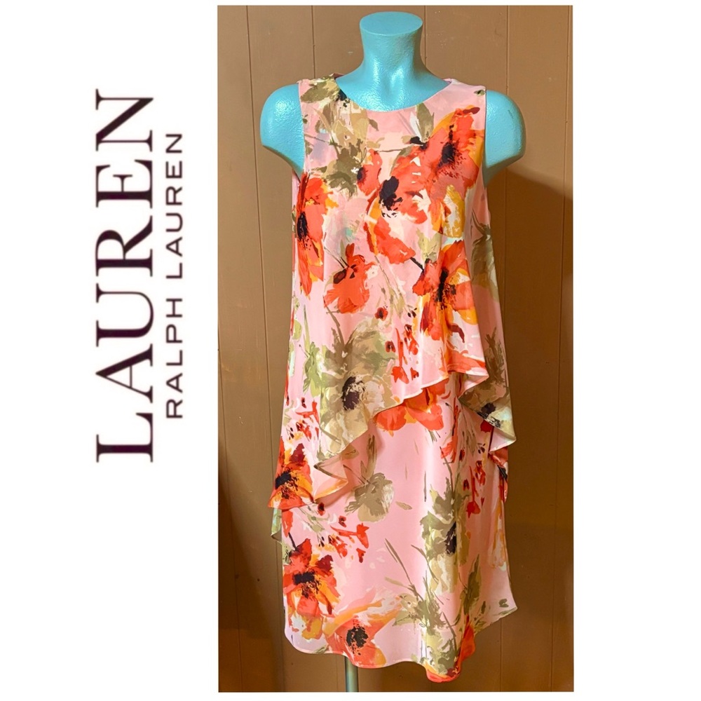 Ralph Lauren layered Chiffon Dress Peach Floral 8